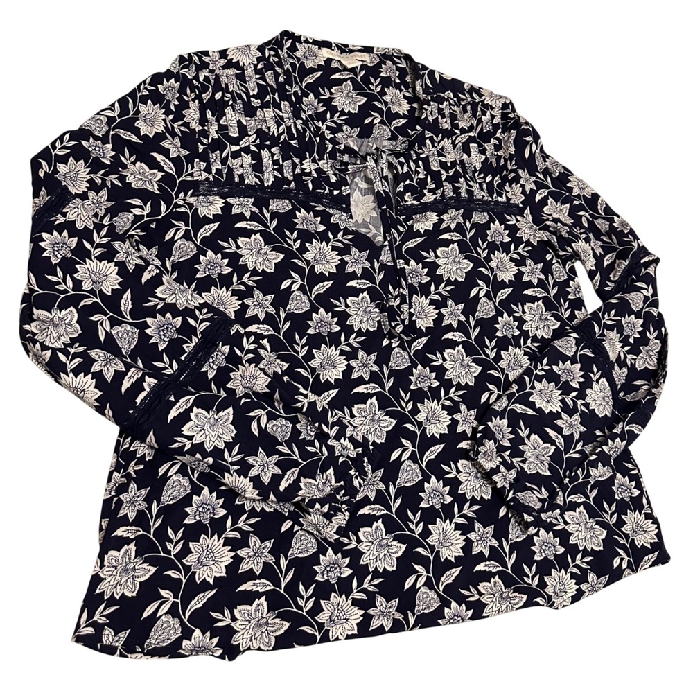 Chelsea & Violet Navy Floral Pintuck Lace Trim Blouse Womens XS Long Sleeve Top